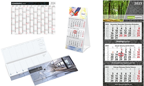 Übersicht verschiedener Kalender mit Logo als effektive Werbegeschenke für dein Unternehmen von werbekalender-shop.de